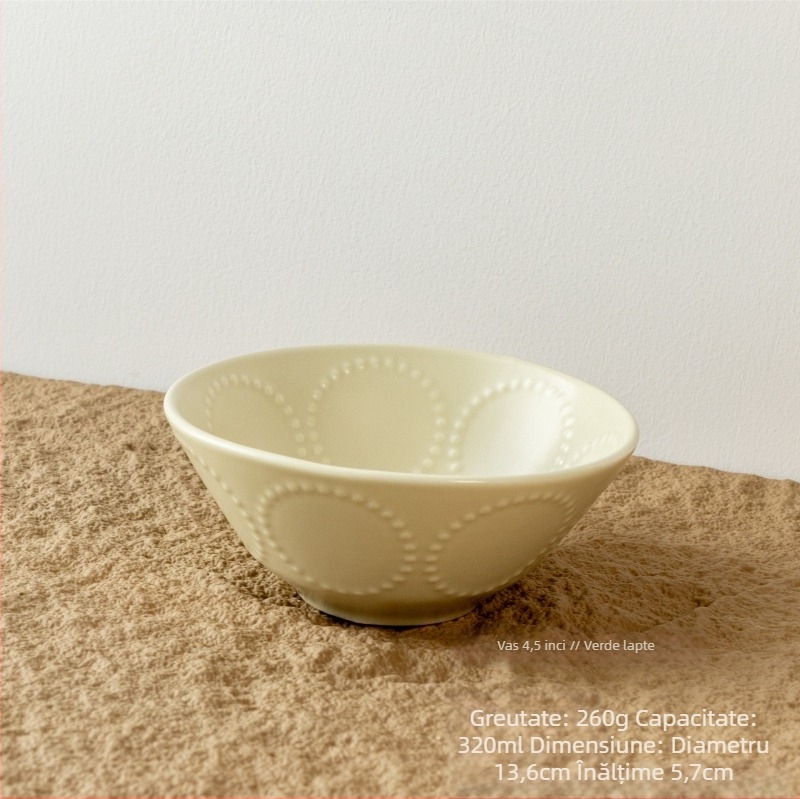 Bol ceramic, cu model în relief din cercuri de mărgele, stil retro, formă rotundă, compatibil cu microunde.