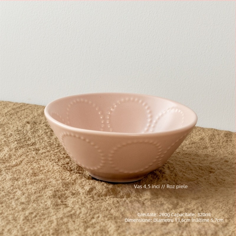Bol ceramic, cu model în relief din cercuri de mărgele, stil retro, formă rotundă, compatibil cu microunde.