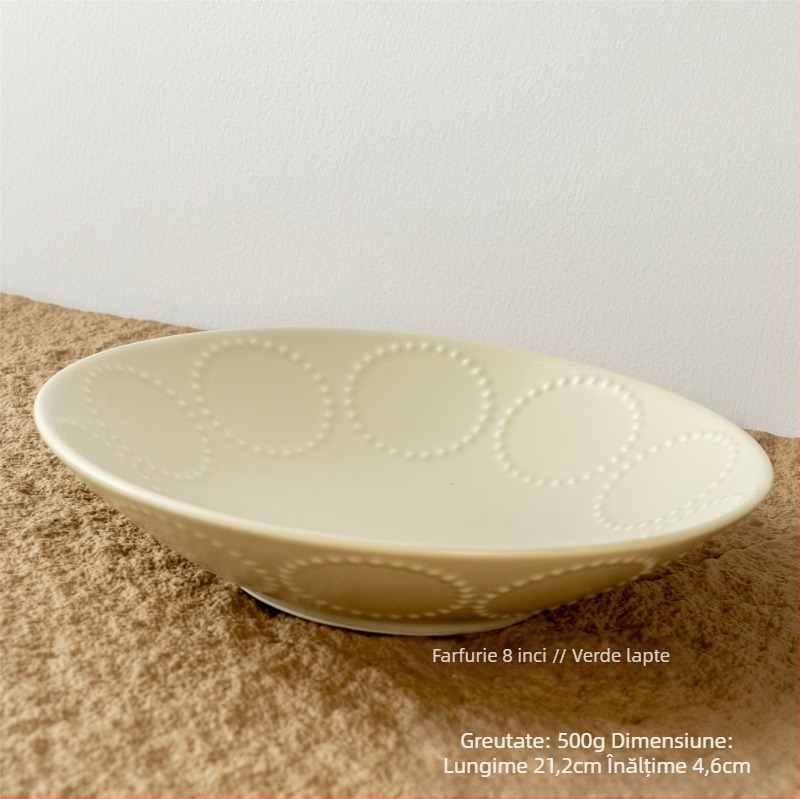 Bol ceramic, cu model în relief din cercuri de mărgele, stil retro, formă rotundă, compatibil cu microunde.