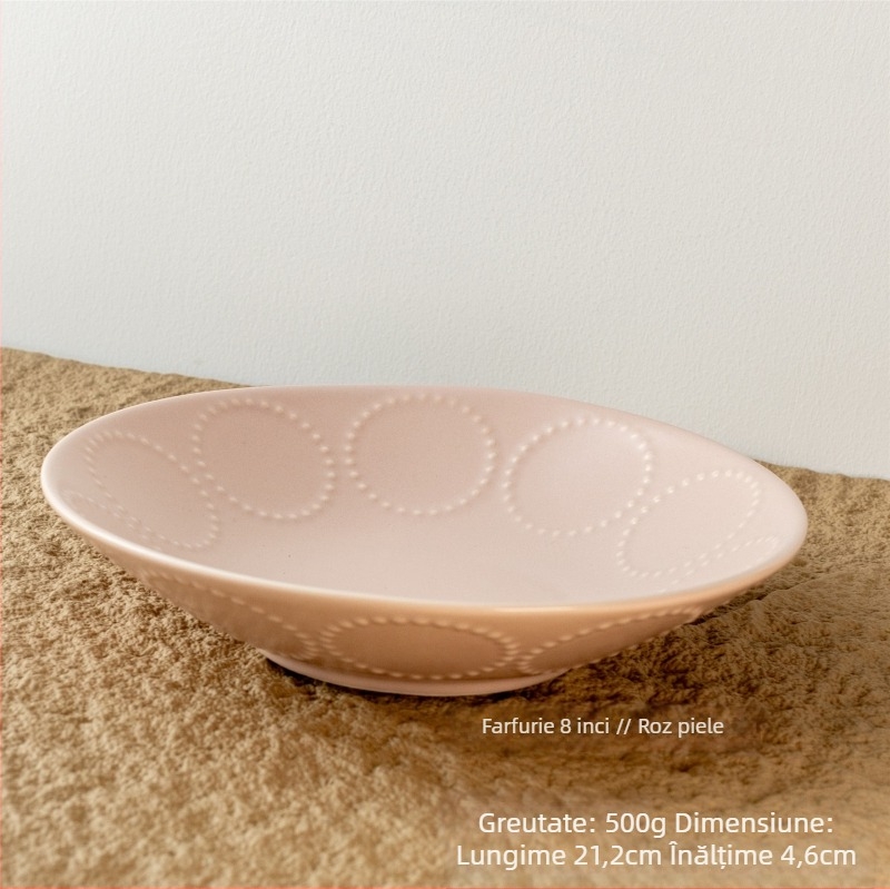 Bol ceramic, cu model în relief din cercuri de mărgele, stil retro, formă rotundă, compatibil cu microunde.