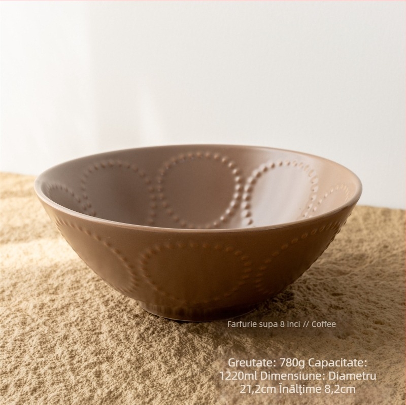 Bol ceramic, cu model în relief din cercuri de mărgele, stil retro, formă rotundă, compatibil cu microunde.