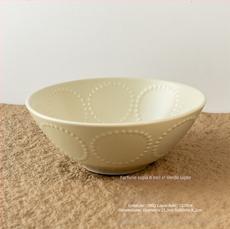 Bol ceramic, cu model în relief din cercuri de mărgele, stil retro, formă rotundă, compatibil cu microunde.