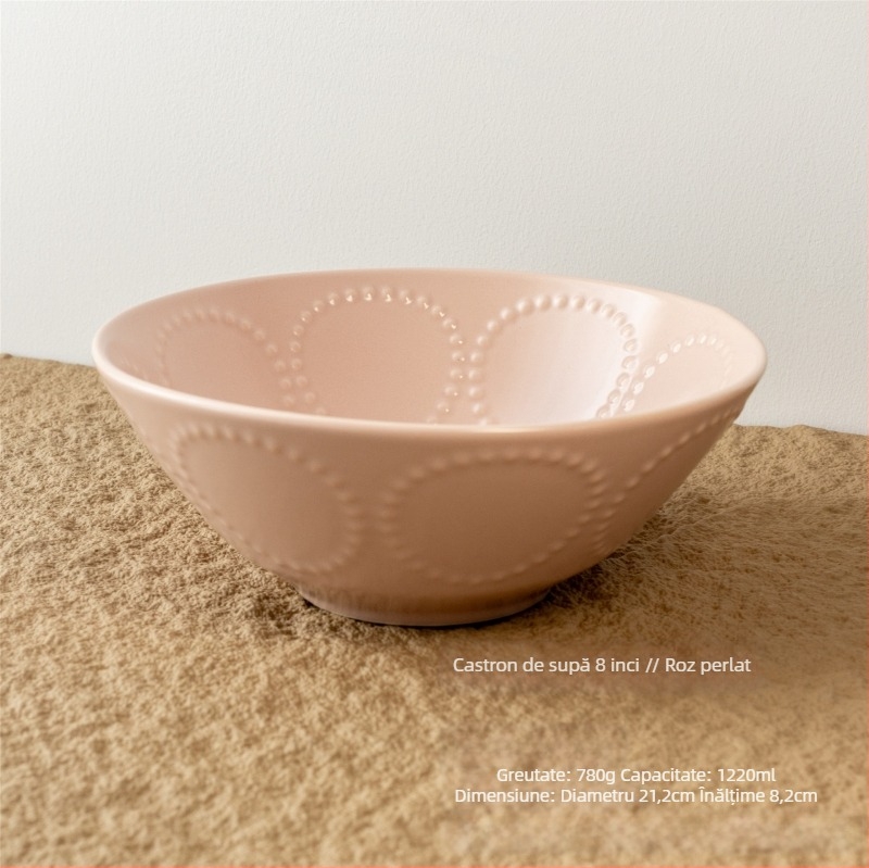 Bol ceramic, cu model în relief din cercuri de mărgele, stil retro, formă rotundă, compatibil cu microunde.