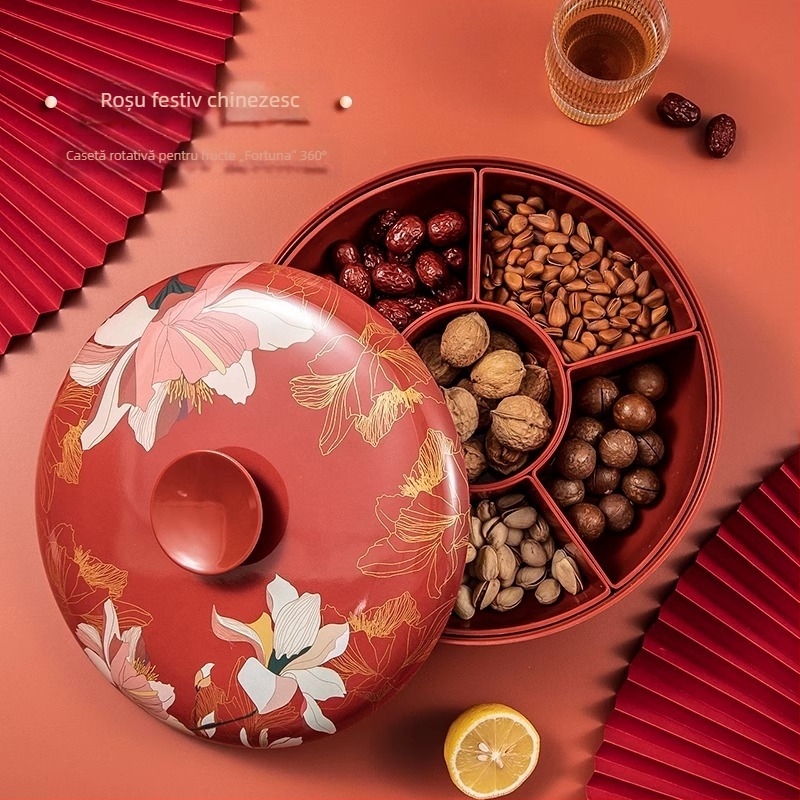Platou de fructe în stil chinezesc, rotativ, cu cutie pentru nuci și cutie de bomboane