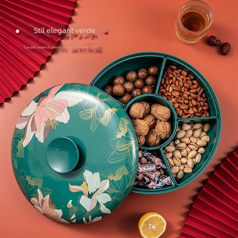 Platou de fructe în stil chinezesc, rotativ, cu cutie pentru nuci și cutie de bomboane