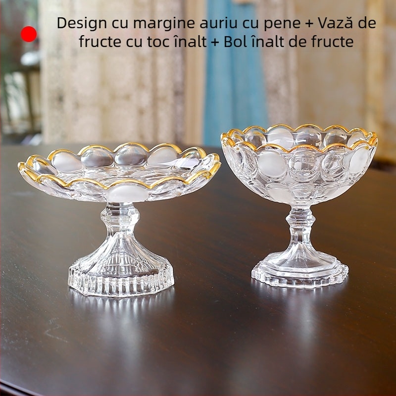 Farfurie de fructe din sticlă cristal cu margine aurie, stil simplu, calitate de primă clasă