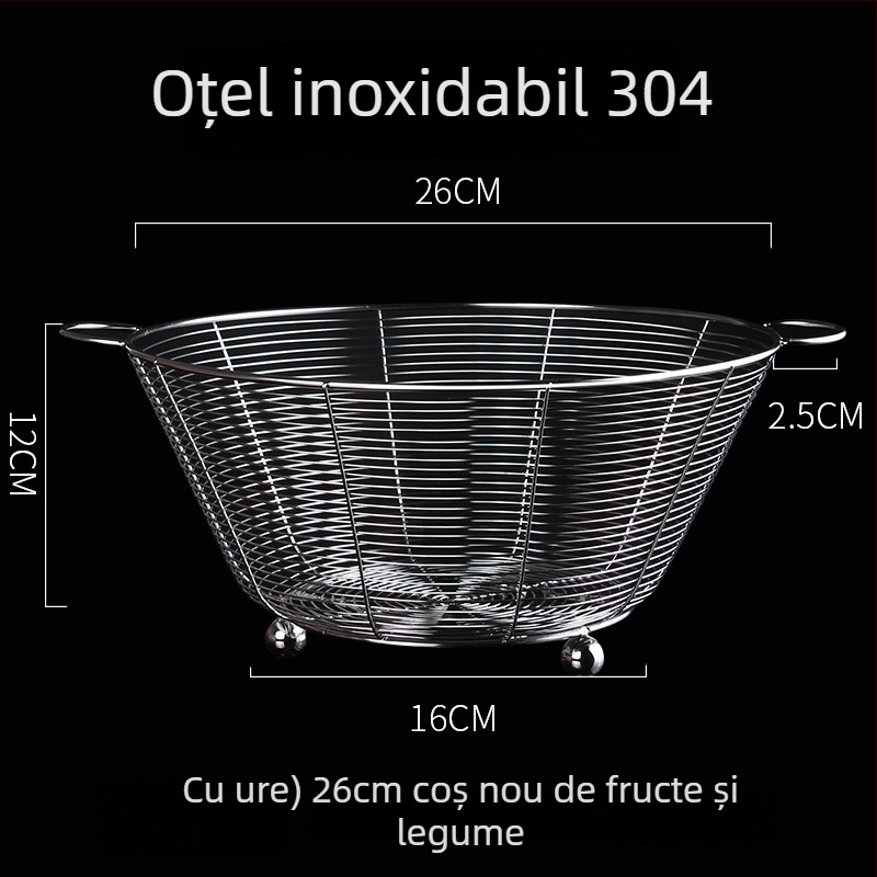 Cos rotund de scurgere din oțel inoxidabil pentru chiuveta de bucătărie – sită și depozitare de fructe, stil modern