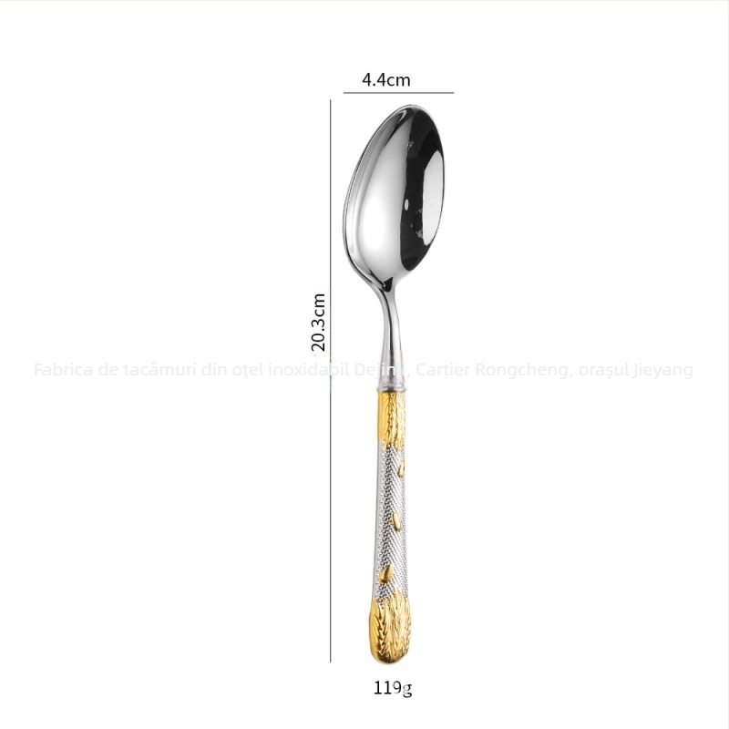 Set tacâmuri din oțel inoxidabil 304 – cuțit pentru steak, furculiță, lingură și lingură de desert; lustruire oglindă, stil retro cu lux discret; model cu bob de grâu; realizat manual