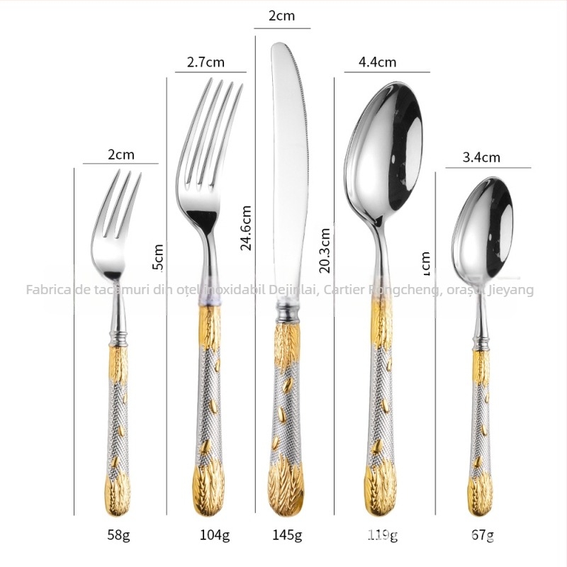 Set tacâmuri din oțel inoxidabil 304 – cuțit pentru steak, furculiță, lingură și lingură de desert; lustruire oglindă, stil retro cu lux discret; model cu bob de grâu; realizat manual