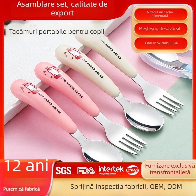 Set lingură și furculiță pentru copii din oțel inoxidabil 304 — portabil, cu design desen animat, pentru învățare acasă