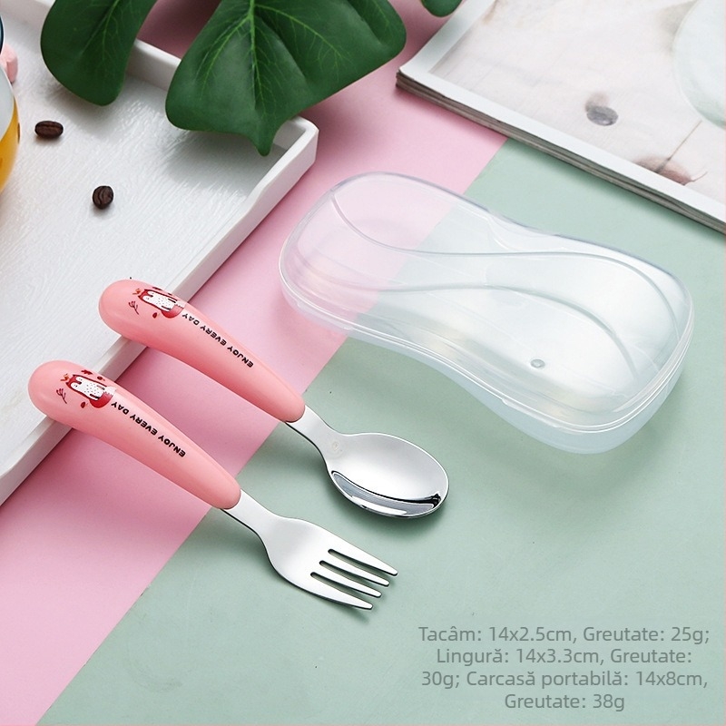 Set lingură și furculiță pentru copii din oțel inoxidabil 304 — portabil, cu design desen animat, pentru învățare acasă