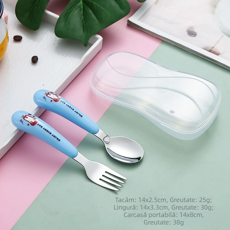 Set lingură și furculiță pentru copii din oțel inoxidabil 304 — portabil, cu design desen animat, pentru învățare acasă