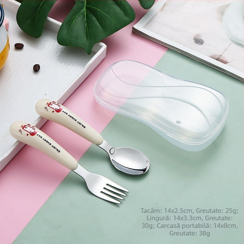 Set lingură și furculiță pentru copii din oțel inoxidabil 304 — portabil, cu design desen animat, pentru învățare acasă