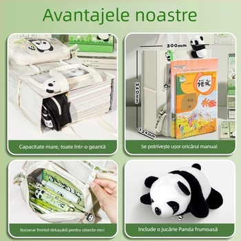 Geantă Panda pentru elevi - din canvas, formă dreptunghiulară, fermoar