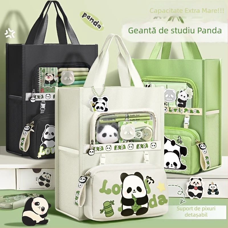 Geantă Panda pentru elevi - din canvas, formă dreptunghiulară, fermoar