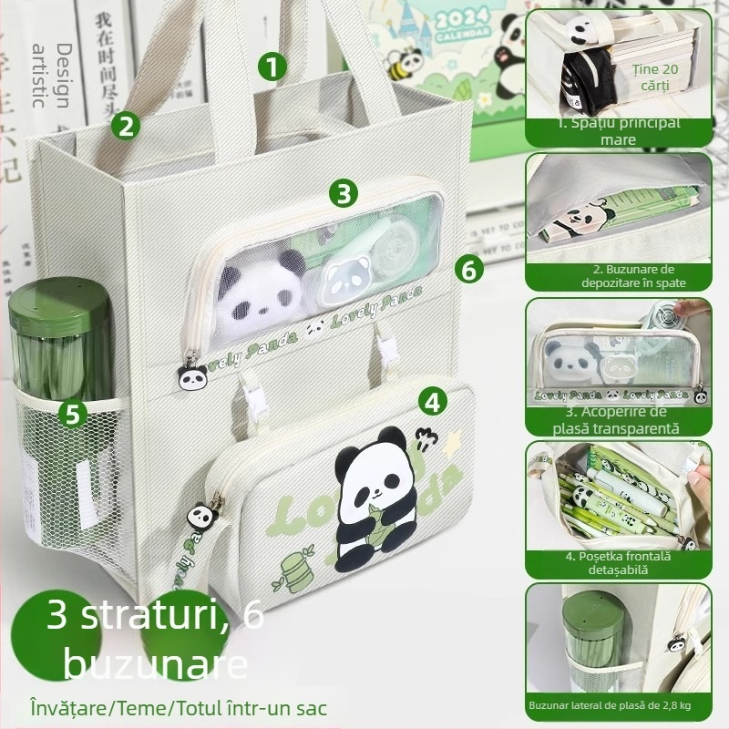 Geantă Panda pentru elevi - din canvas, formă dreptunghiulară, fermoar