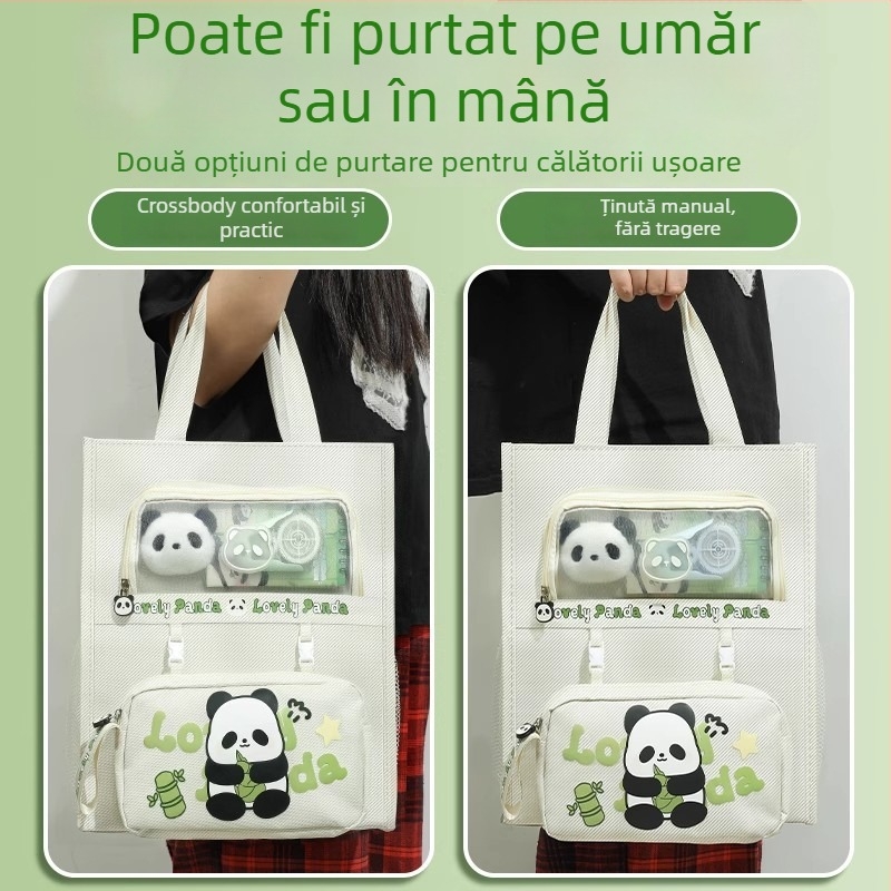Geantă Panda pentru elevi - din canvas, formă dreptunghiulară, fermoar