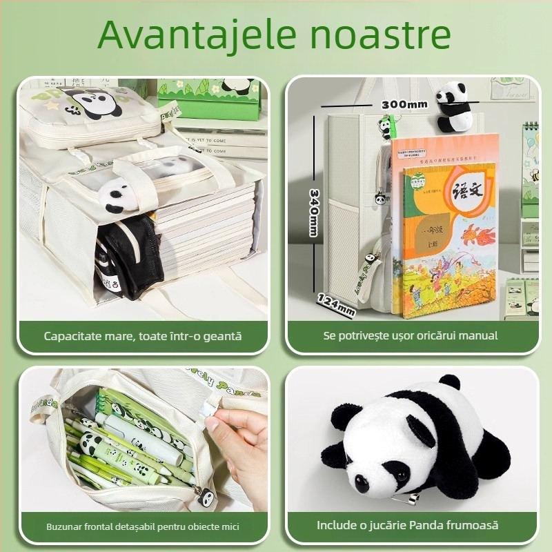 Geantă Panda pentru elevi - din canvas, formă dreptunghiulară, fermoar