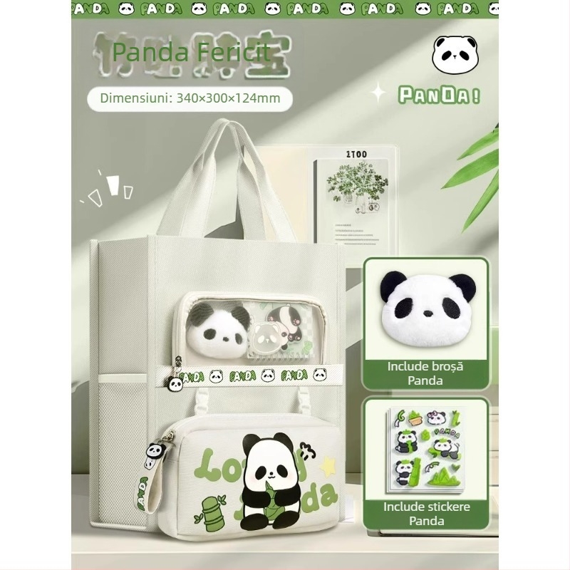 Geantă Panda pentru elevi - din canvas, formă dreptunghiulară, fermoar