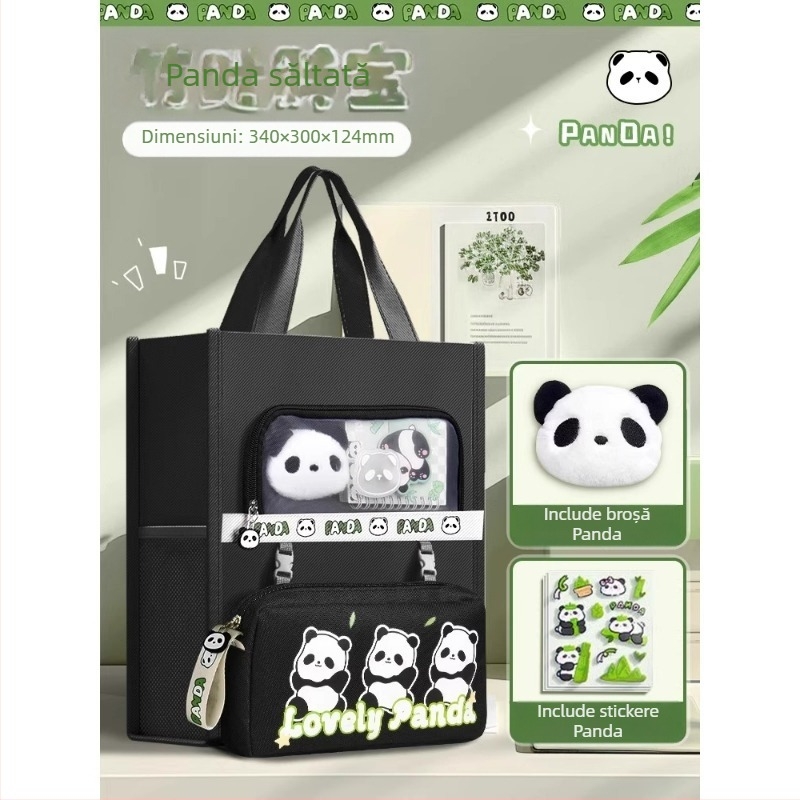 Geantă Panda pentru elevi - din canvas, formă dreptunghiulară, fermoar