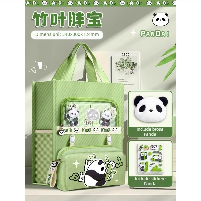 Geantă Panda pentru elevi - din canvas, formă dreptunghiulară, fermoar