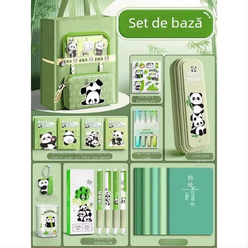 Geantă Panda pentru elevi - din canvas, formă dreptunghiulară, fermoar