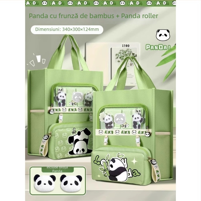 Geantă Panda pentru elevi - din canvas, formă dreptunghiulară, fermoar