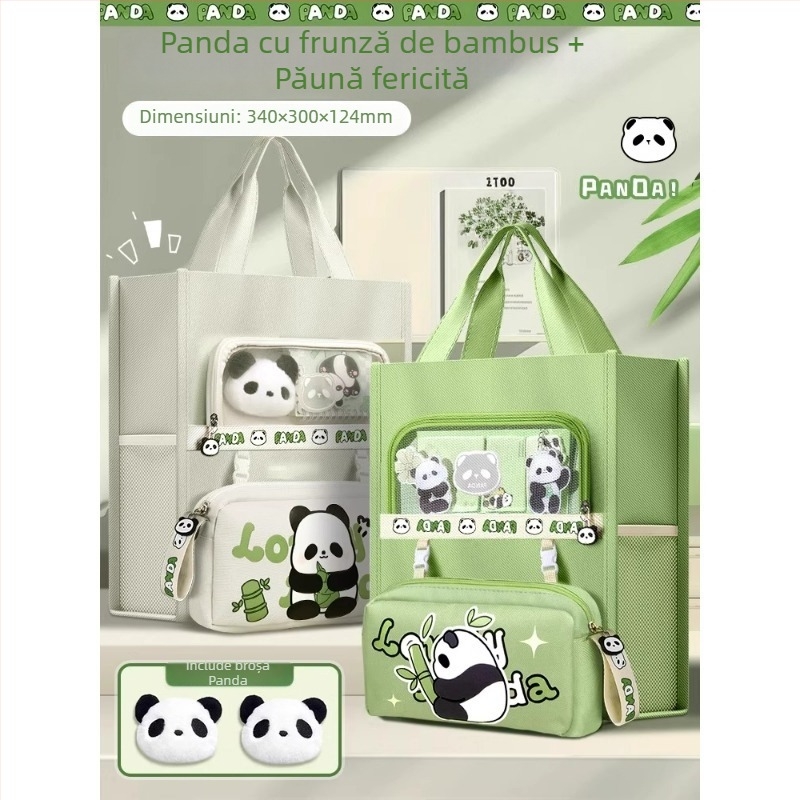 Geantă Panda pentru elevi - din canvas, formă dreptunghiulară, fermoar