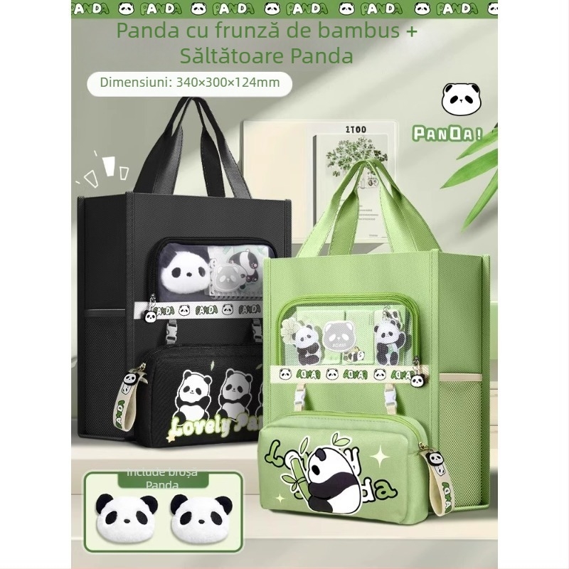 Geantă Panda pentru elevi - din canvas, formă dreptunghiulară, fermoar