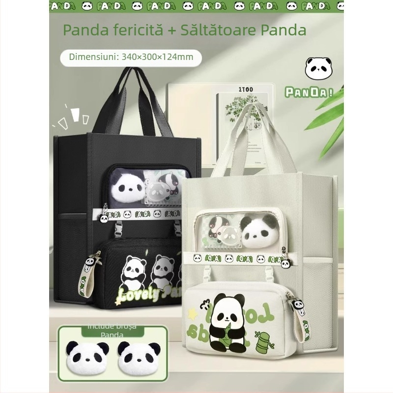 Geantă Panda pentru elevi - din canvas, formă dreptunghiulară, fermoar