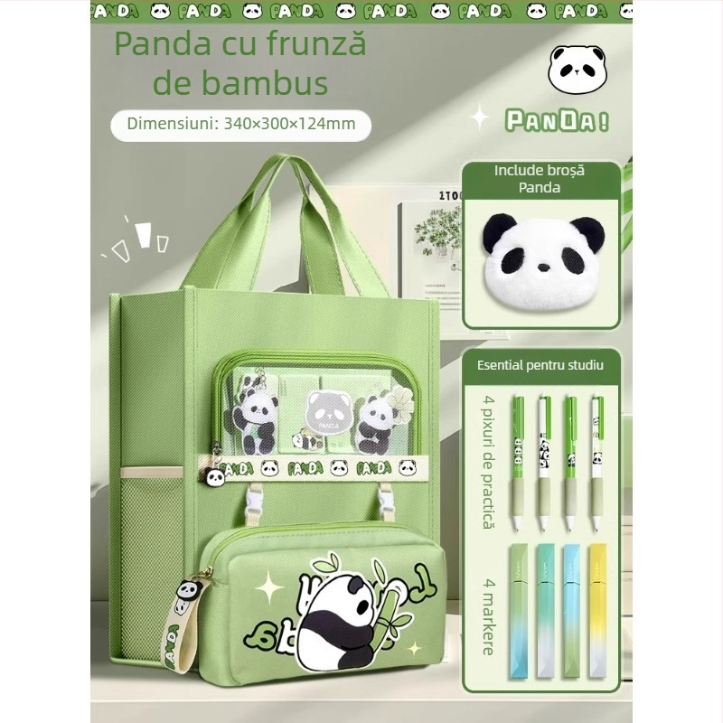 Geantă Panda pentru elevi - din canvas, formă dreptunghiulară, fermoar