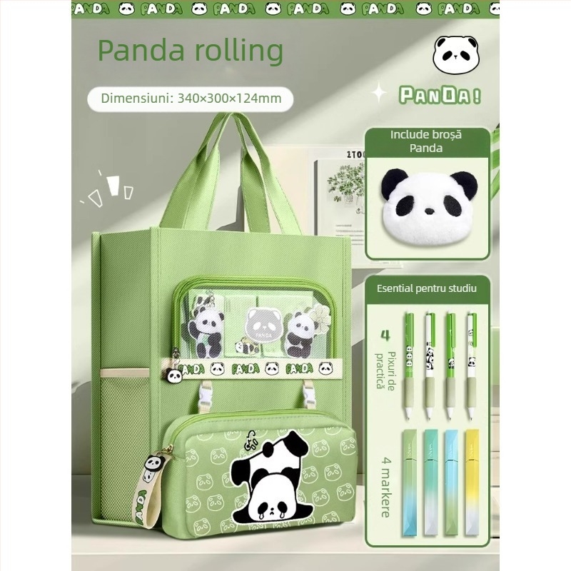 Geantă Panda pentru elevi - din canvas, formă dreptunghiulară, fermoar