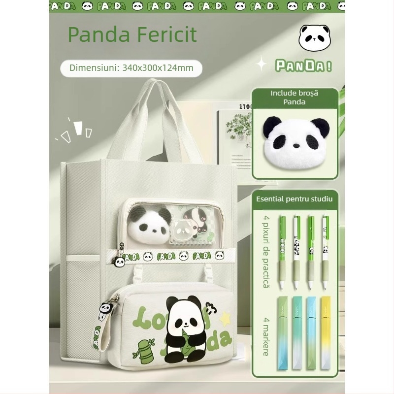 Geantă Panda pentru elevi - din canvas, formă dreptunghiulară, fermoar