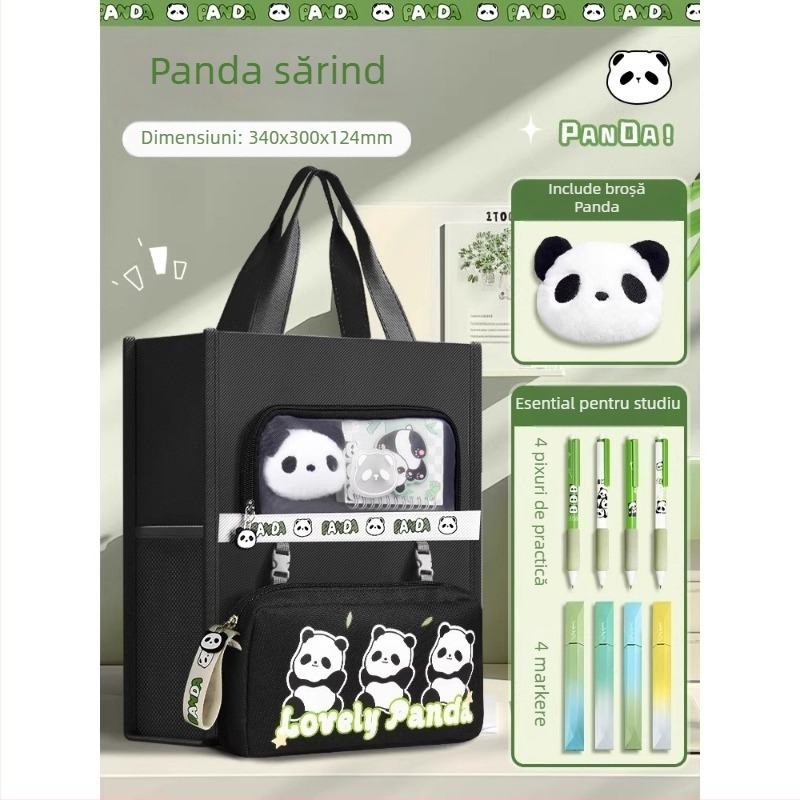 Geantă Panda pentru elevi - din canvas, formă dreptunghiulară, fermoar