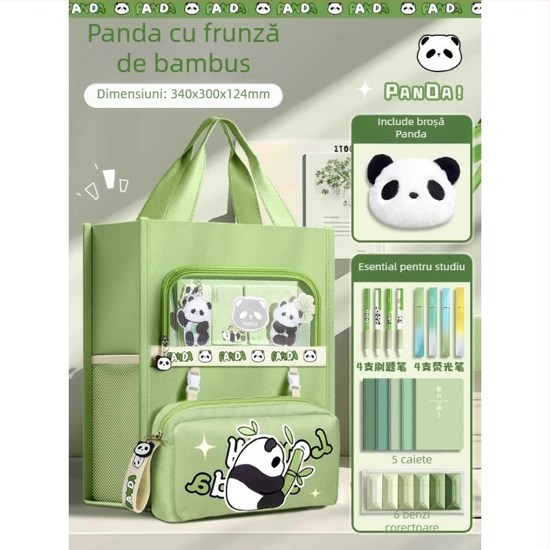 Geantă Panda pentru elevi - din canvas, formă dreptunghiulară, fermoar