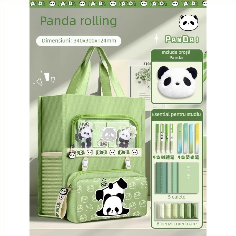 Geantă Panda pentru elevi - din canvas, formă dreptunghiulară, fermoar