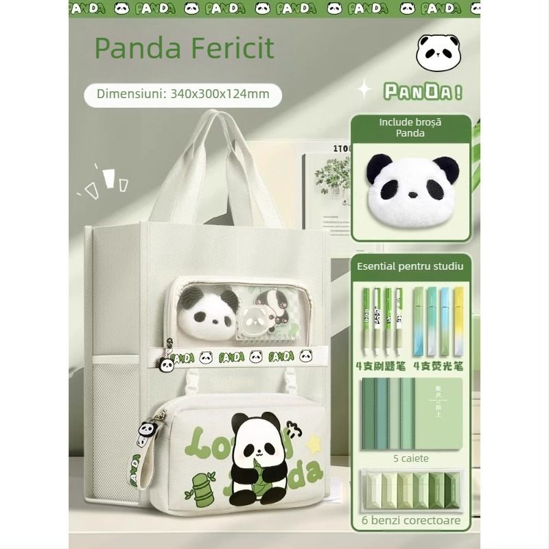 Geantă Panda pentru elevi - din canvas, formă dreptunghiulară, fermoar