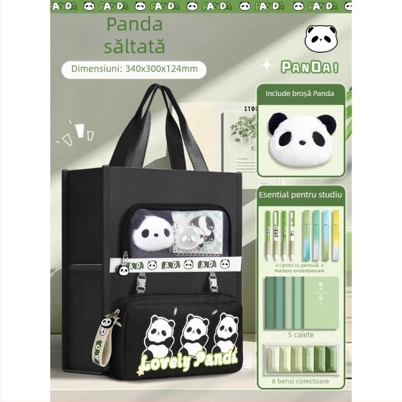 Geantă Panda pentru elevi - din canvas, formă dreptunghiulară, fermoar
