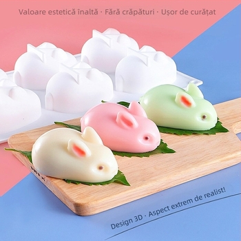 Formă din silicon cu 6 cavități în formă de iepuraș pentru budincă și jeleu – silicon alimentar, pentru coacere