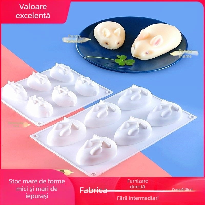 Formă din silicon cu 6 cavități în formă de iepuraș pentru budincă și jeleu – silicon alimentar, pentru coacere