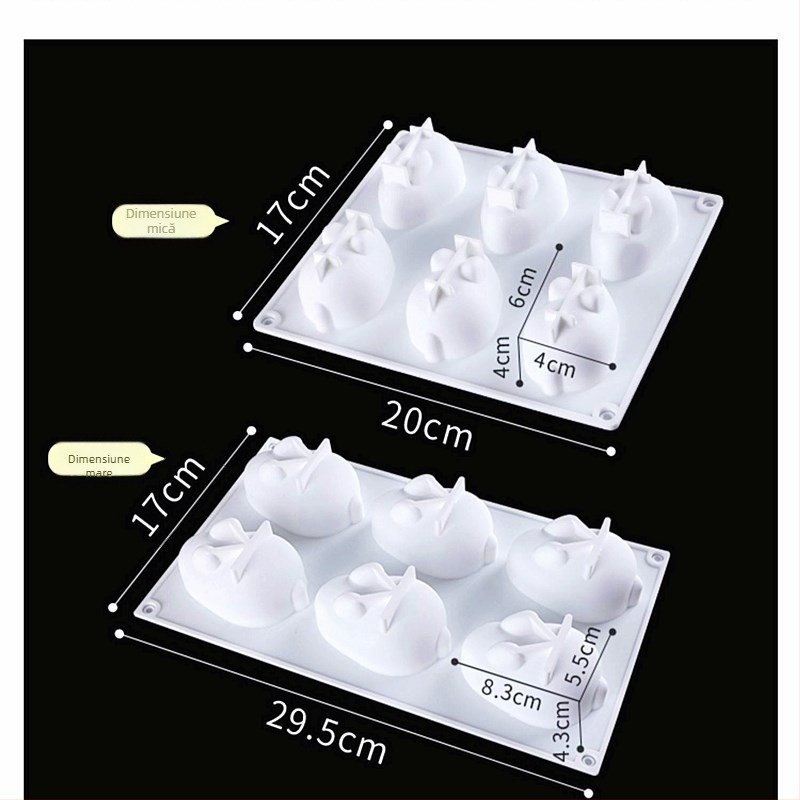 Formă din silicon cu 6 cavități în formă de iepuraș pentru budincă și jeleu – silicon alimentar, pentru coacere
