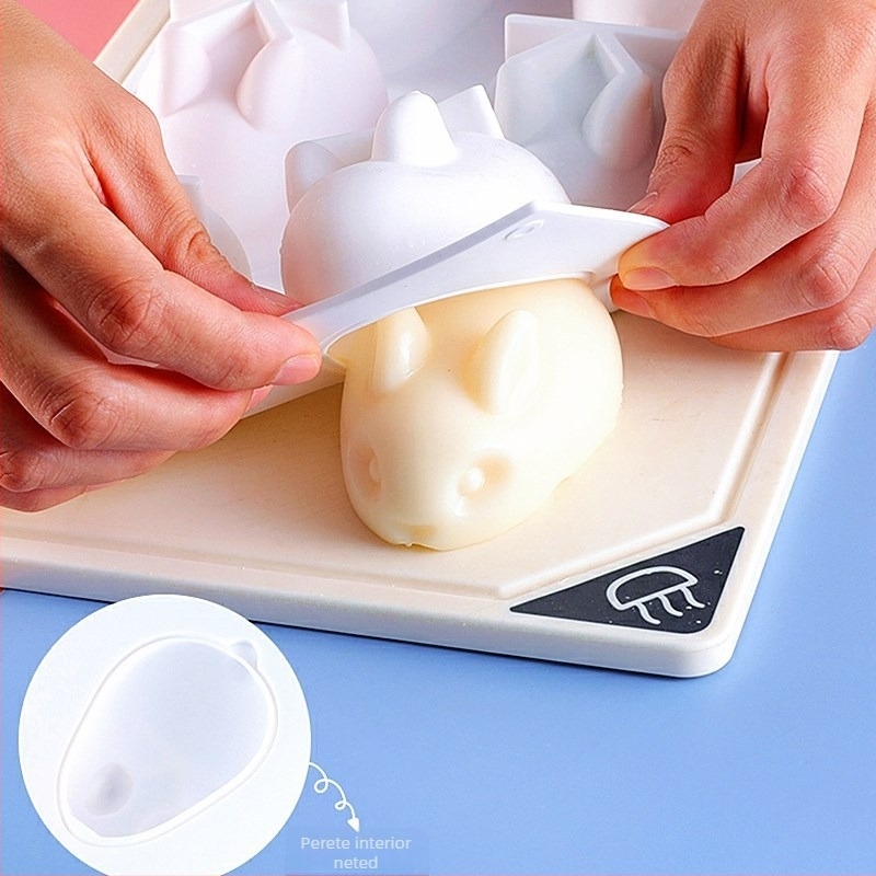 Formă din silicon cu 6 cavități în formă de iepuraș pentru budincă și jeleu – silicon alimentar, pentru coacere