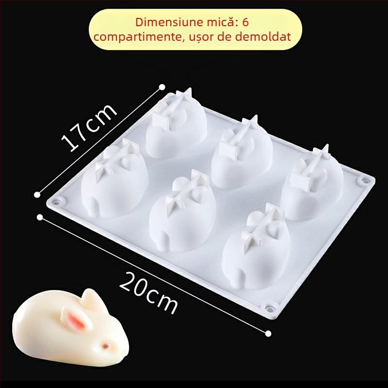 Formă din silicon cu 6 cavități în formă de iepuraș pentru budincă și jeleu – silicon alimentar, pentru coacere