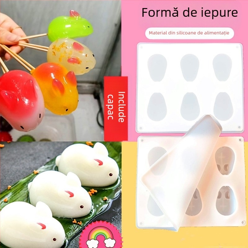 Formă din silicon cu 6 cavități în formă de iepuraș pentru budincă și jeleu – silicon alimentar, pentru coacere