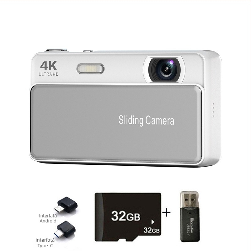 Cameră digitală inteligentă cu capac glisant, înregistrare 4K, senzor CMOS de 20 MP, zoom optic 16x, ecran LCD 2,8 inch