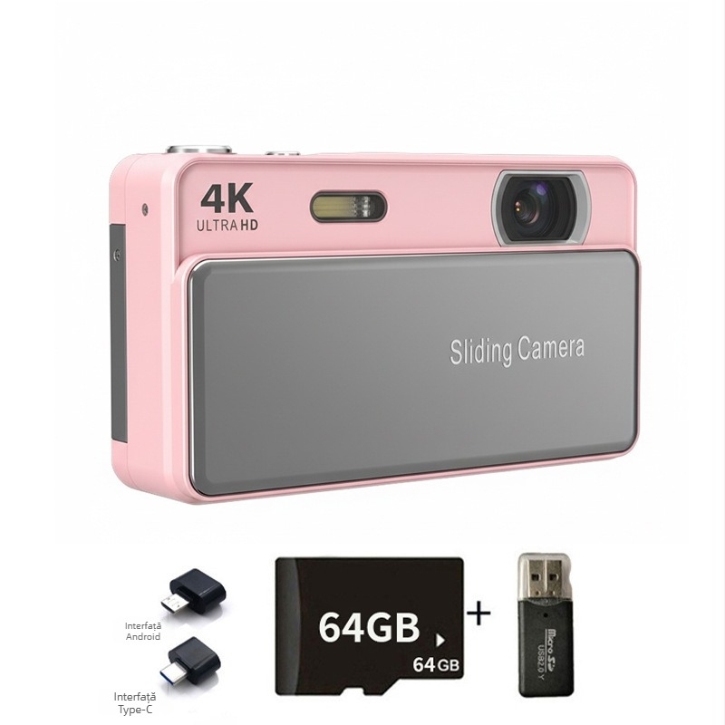 Cameră digitală inteligentă cu capac glisant, înregistrare 4K, senzor CMOS de 20 MP, zoom optic 16x, ecran LCD 2,8 inch