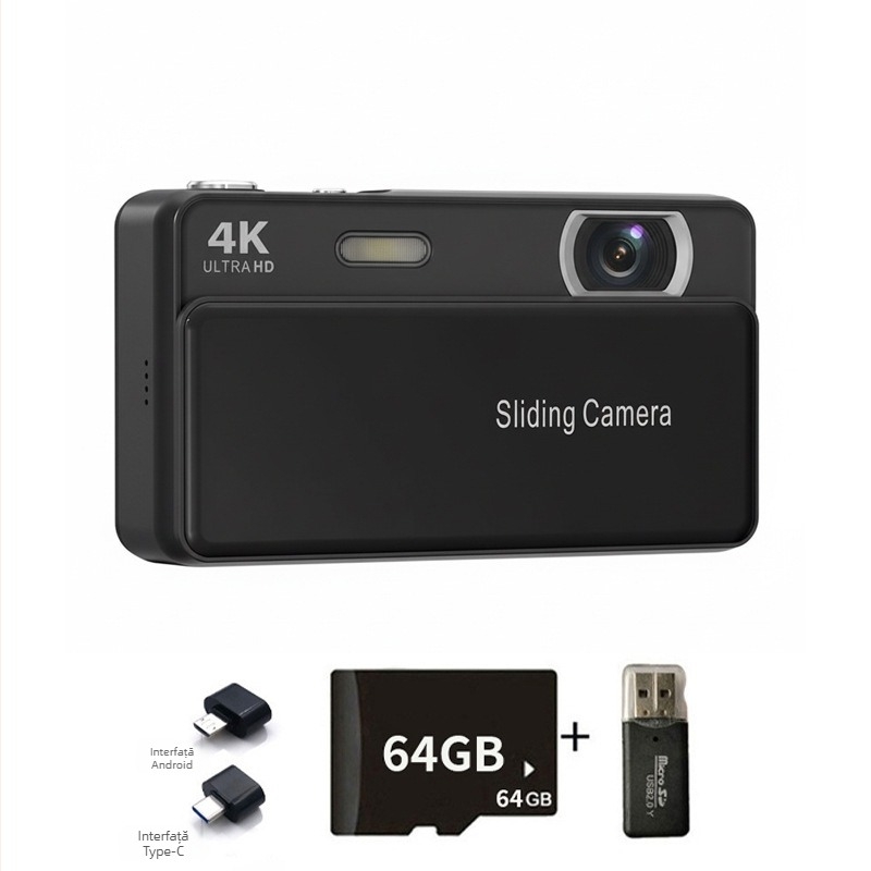 Cameră digitală inteligentă cu capac glisant, înregistrare 4K, senzor CMOS de 20 MP, zoom optic 16x, ecran LCD 2,8 inch