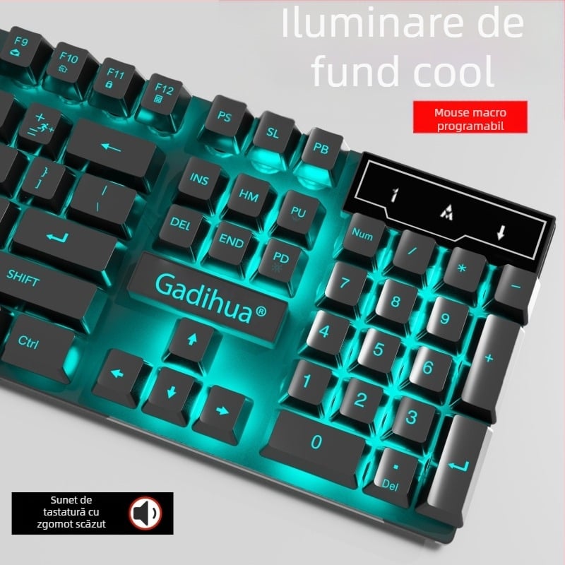 Set tastatură și mouse cu fir - tastatură cu membrană, USB, 98+ taste, ergonomic, iluminare monocromă
