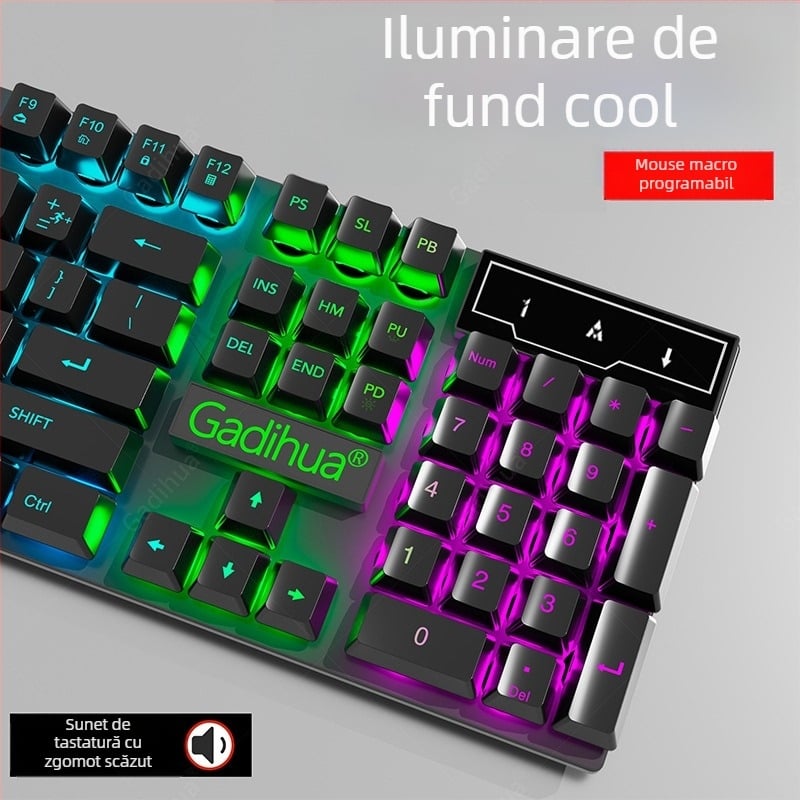 Set tastatură și mouse cu fir - tastatură cu membrană, USB, 98+ taste, ergonomic, iluminare monocromă
