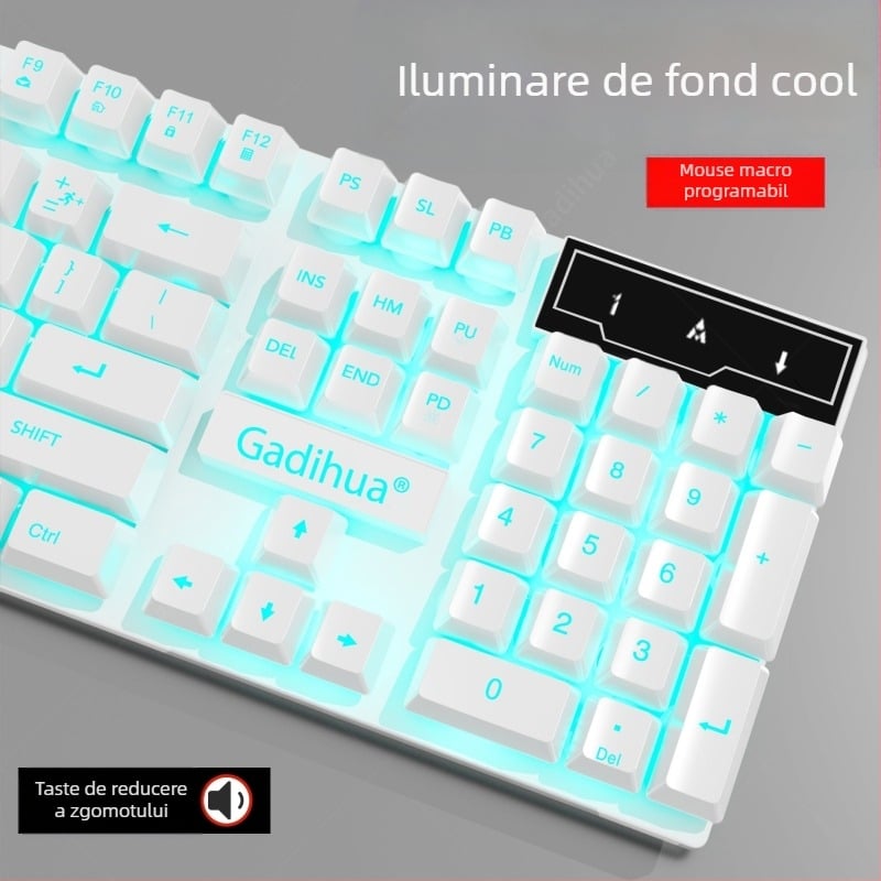 Set tastatură și mouse cu fir - tastatură cu membrană, USB, 98+ taste, ergonomic, iluminare monocromă